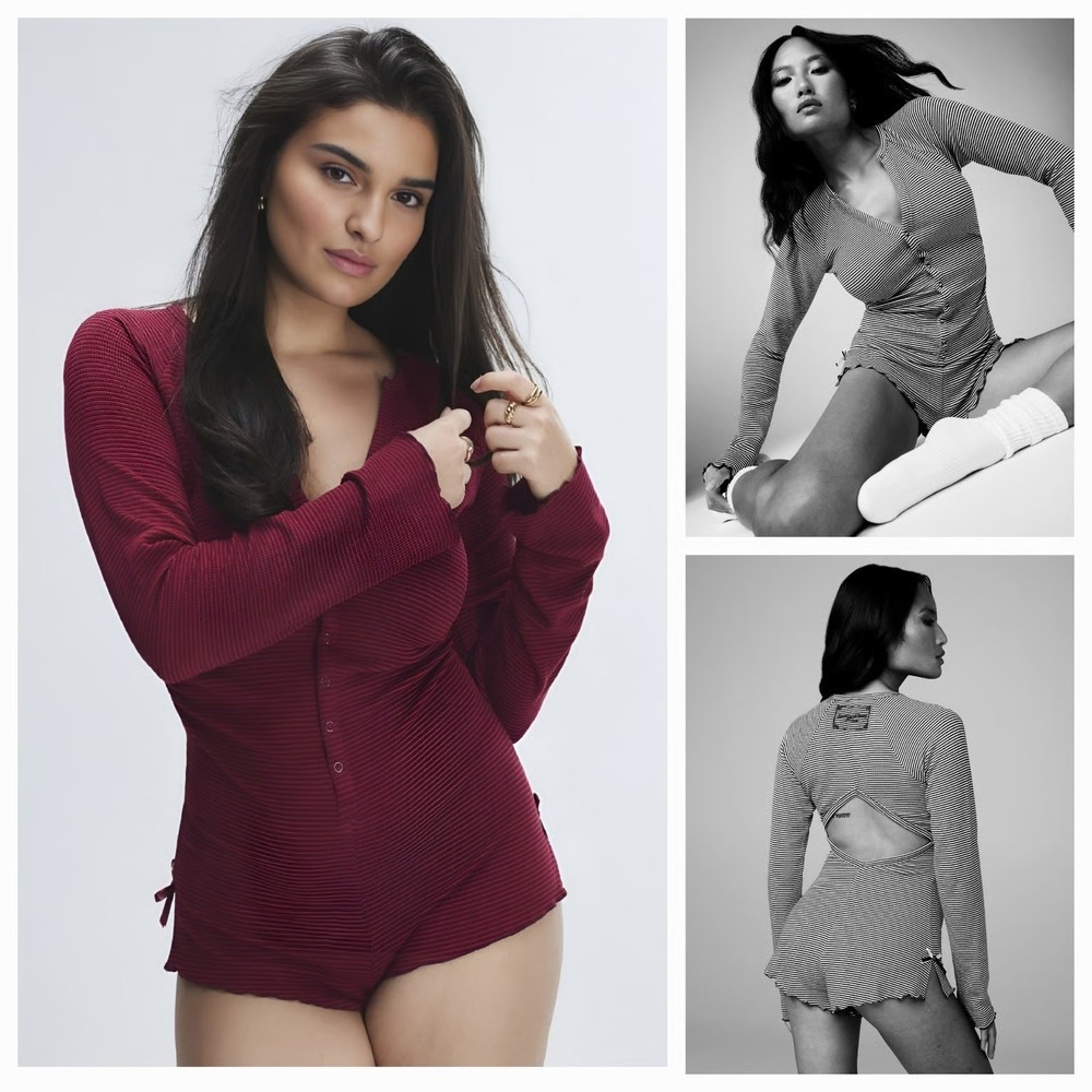 Savage X Fenty Ribbed Long Sleeve Teddy Size M Burgundy Stripe Loungewear